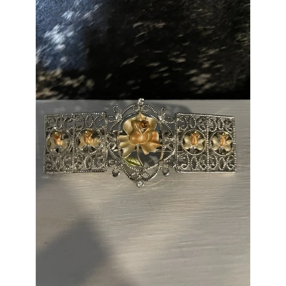 Vintage Hair Barrette Clip Filagree Silvertone w/Rhinestones & Enameled Flowers‎